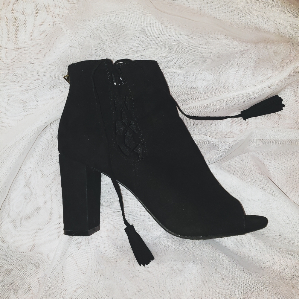 Black Suede Open Toe Ankle Boots with Tassels
